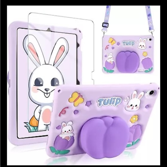 10.2" iPad 9th Gen Case PURPLE BUNNY W Screen Protector Shoulder Strap Tulip NEW - Picture 1 of 1